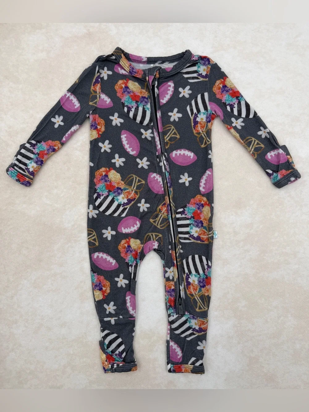 Posh Peanut Charcoal Floral Football Zip One-Piece